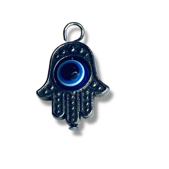 Hamsa Hand Small Pendant Silvertone Blue Swiveling Evil Eye 17mm (.6") - Picture 2 of 4